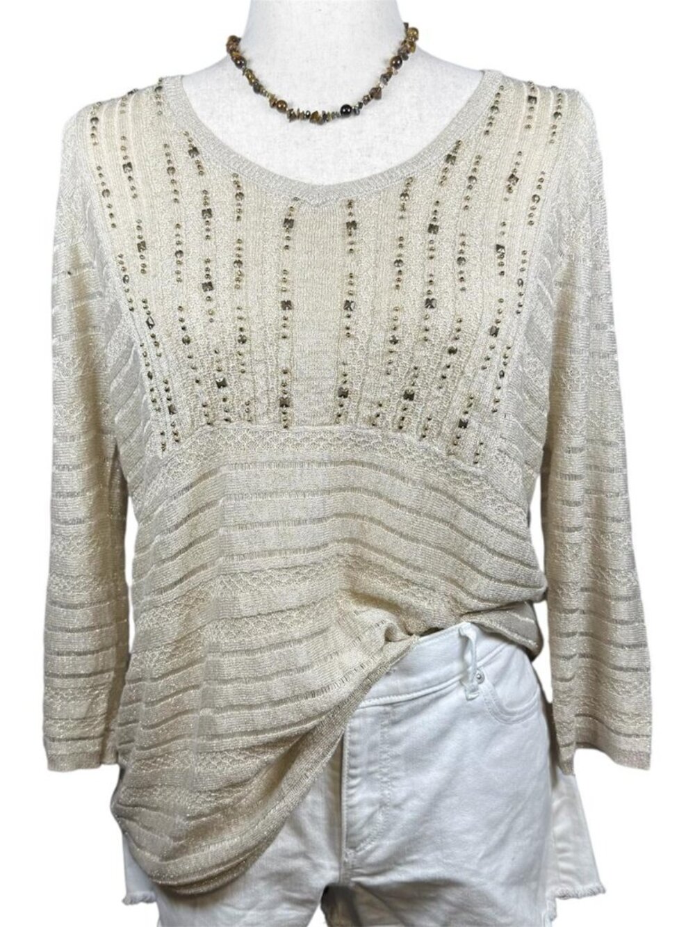 Peck & Peck cream gold thread ribbed knit long sleeve blouse